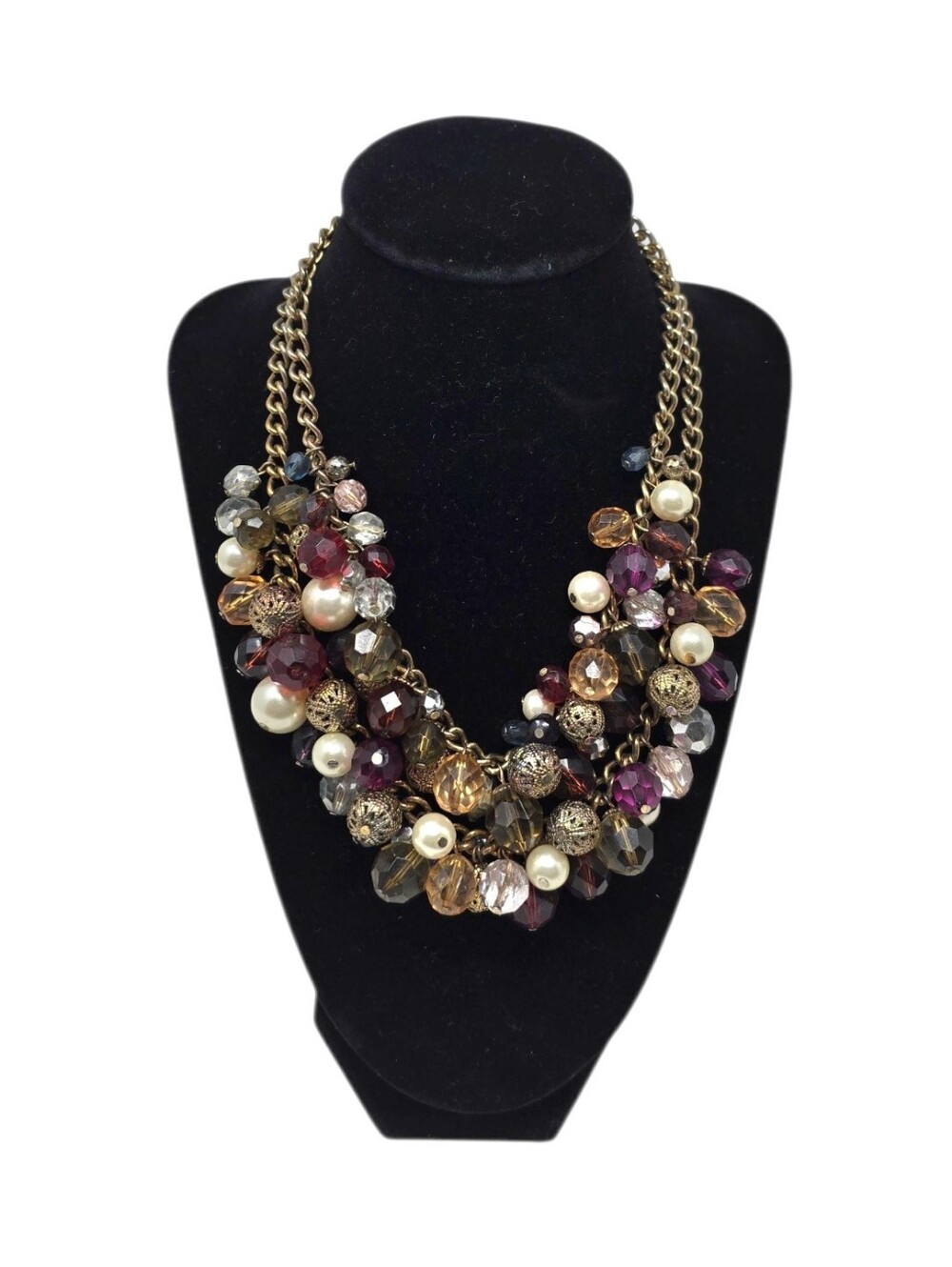 Jewel Tone Retro Double Strand Bead Filigree Cluster Chunky Statement Necklace